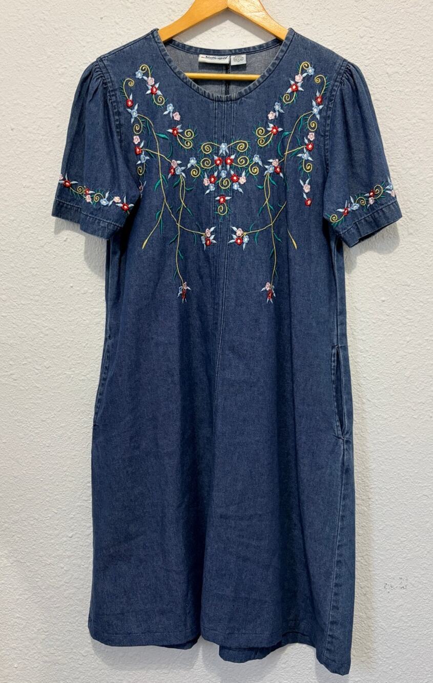 Vintage Embroidered Denim Midi Dress Floral Boho Hippie 90s Scandinavian Modest